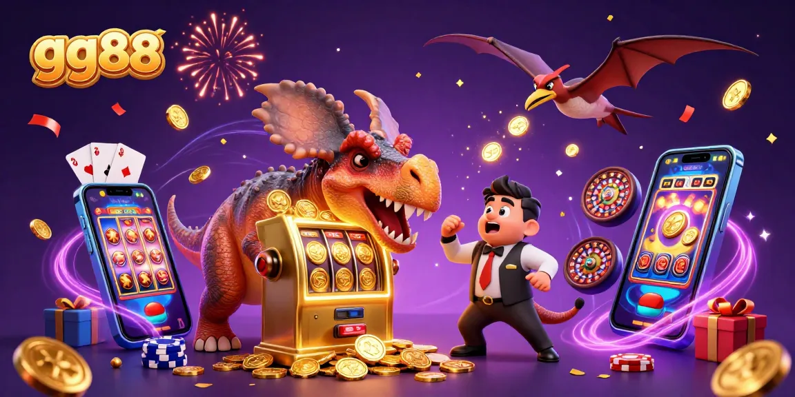 gg88 engages players with a cartoon dinosaur headbutting a slot machine, winning coins in an exciting casino scene.