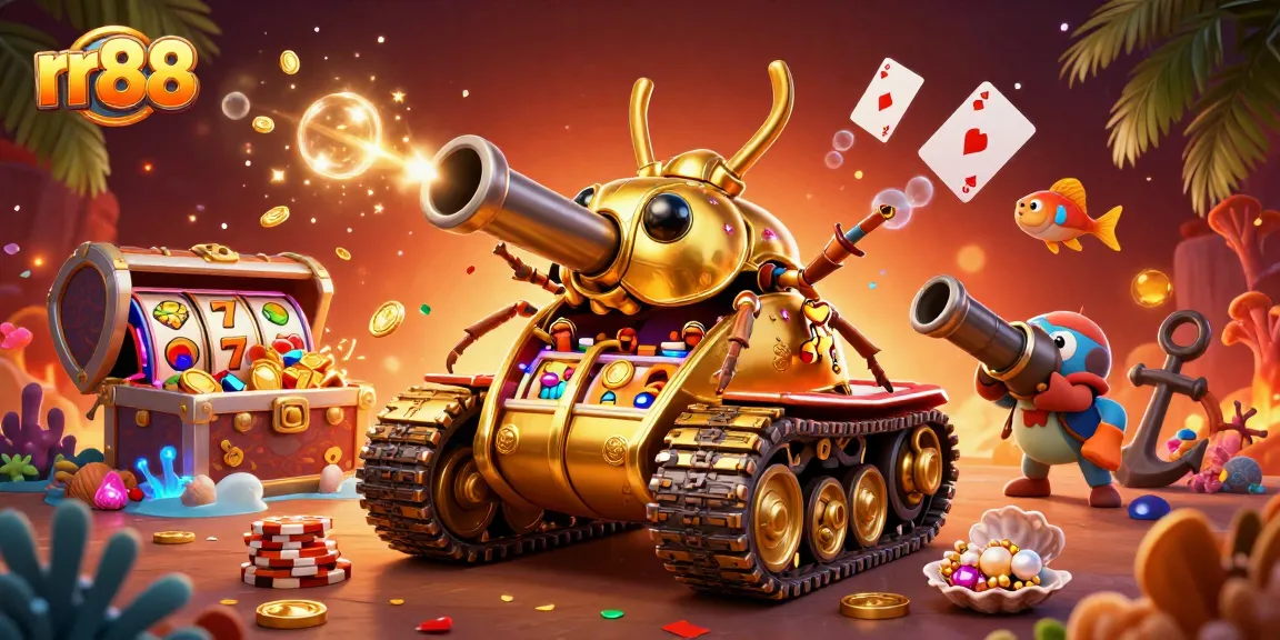 Experience rr88 with a lively casino-themed scene featuring fun slot elements and colorful treasures.