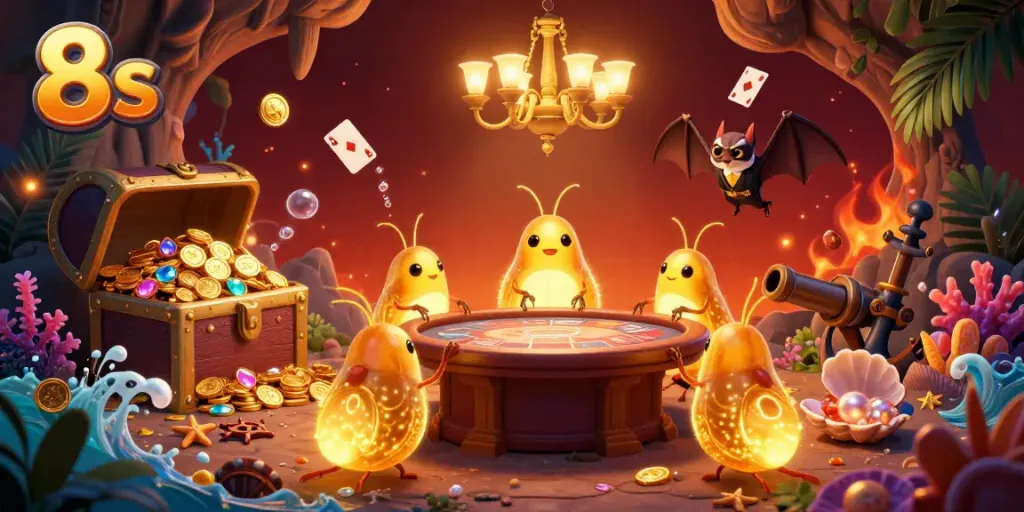 Engage with 8s casino excitement as glowworms illuminate a colorful gaming cave with gold and treasures.
