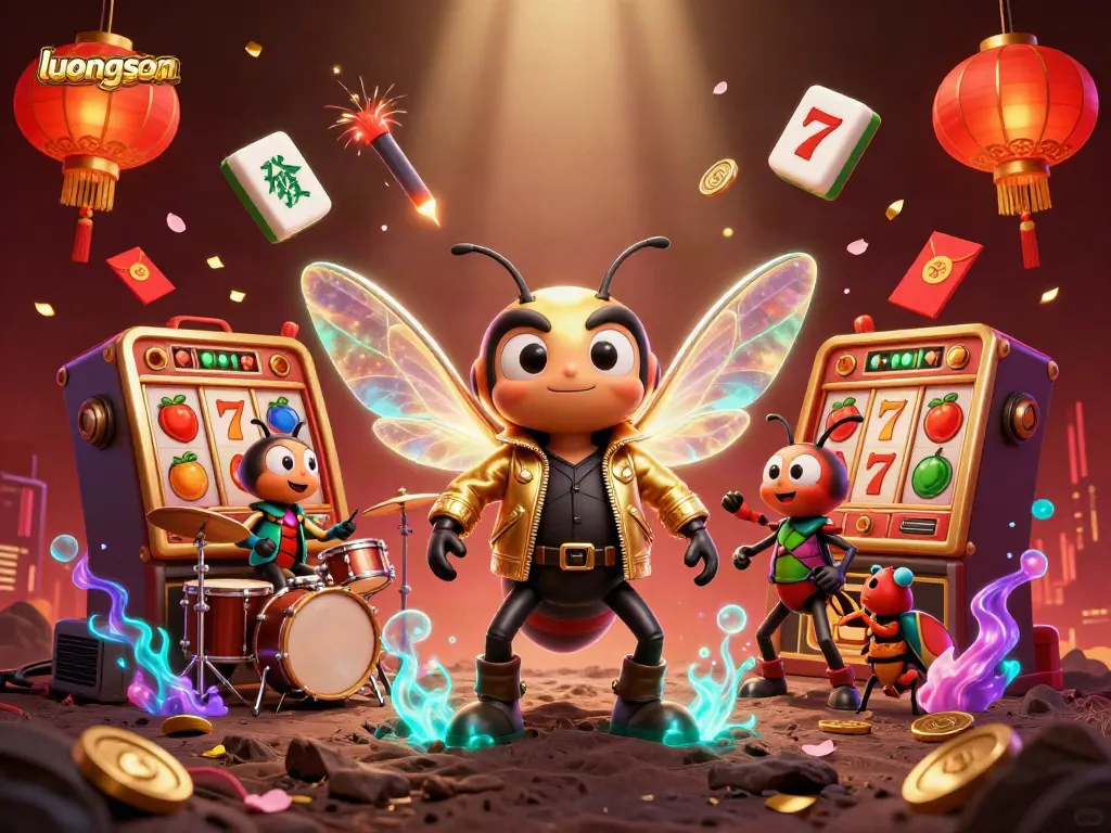 Experience exhilarating casino action with luongson in a vibrant 3D illustration featuring a rock star, drummer, and lively symbols.