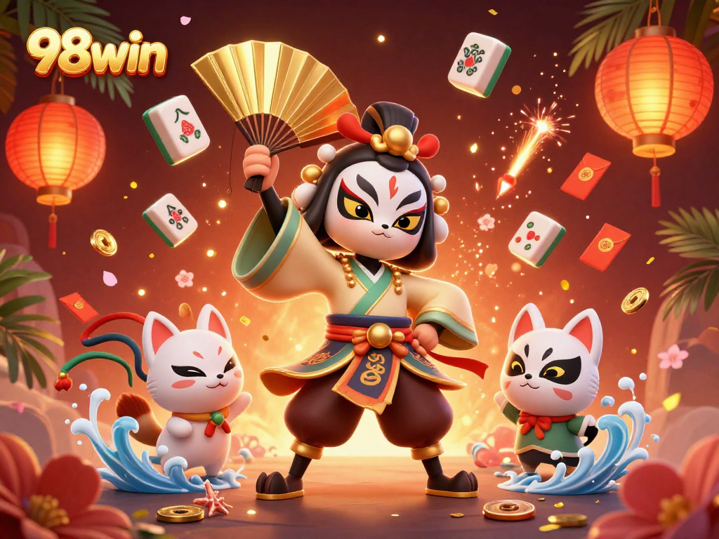 Win exciting prizes with 98win in this vibrant casino illustration featuring action-packed gaming elements.