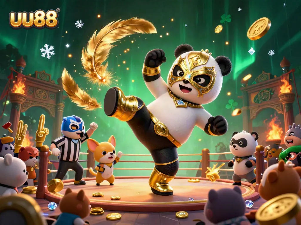 Bet on excitement with the thrilling action at uu88, featuring an energetic wrestling panda and cheering animal crowd.