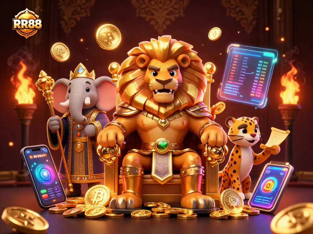 Engage with RR88's thrilling casino experience featuring a royal lion, wise elephant, and quick cheetah.