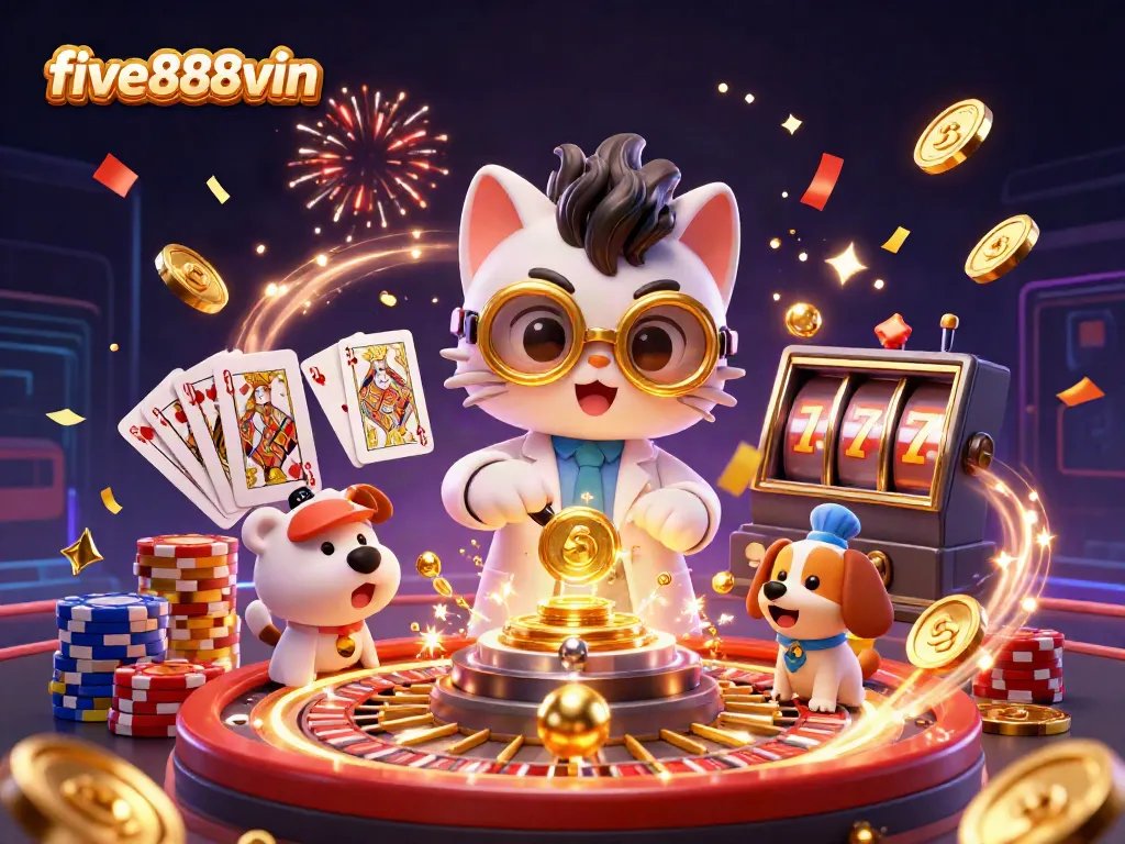 Experience excitement with five888vin in this vibrant 3D illustration featuring a mad scientist cat and golden gaming elements.