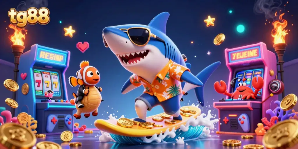 Experience the excitement of tg88 with a vibrant casino-themed surfing scene featuring a shark and colorful characters.