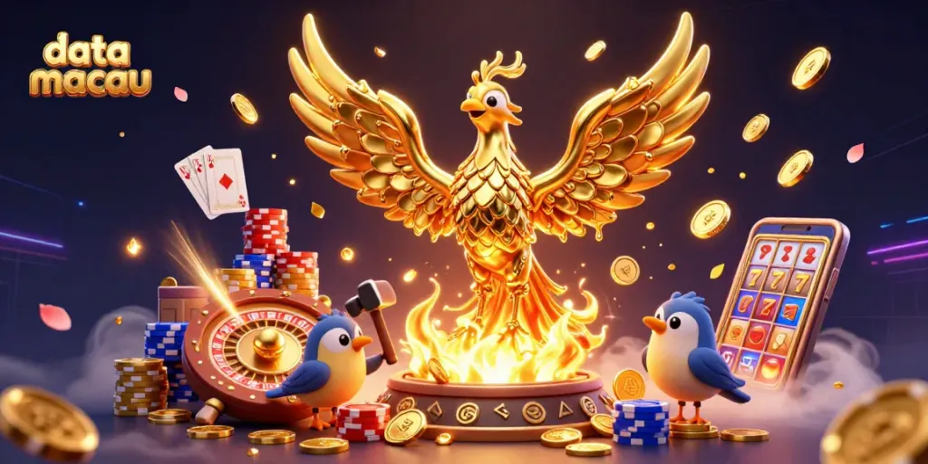 Menang besar di data macau dengan ilustrasi phoenix emas, koin, dan permainan judi.