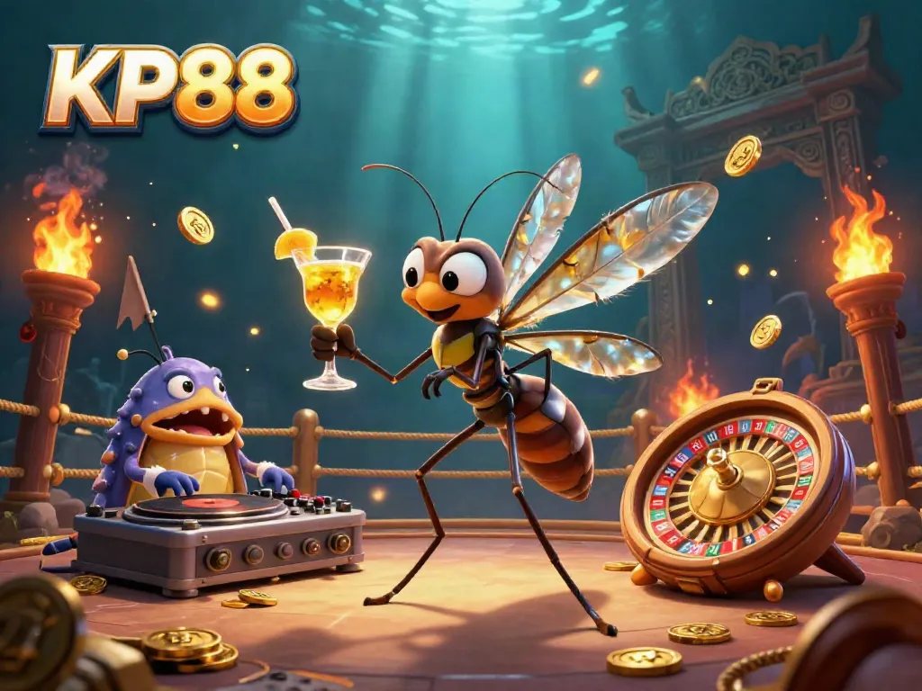Experience the excitement of KP88 with a lively casino illustration featuring a dynamic mosquito mascot and fossil DJ.