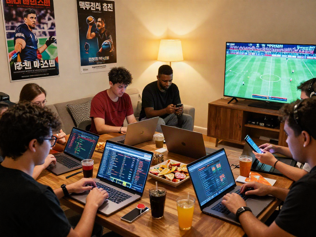 Group discussing 먹튀검증 추천 먹튀스팟 while engaging with online betting platforms, showcasing a lively gambling atmosphere.