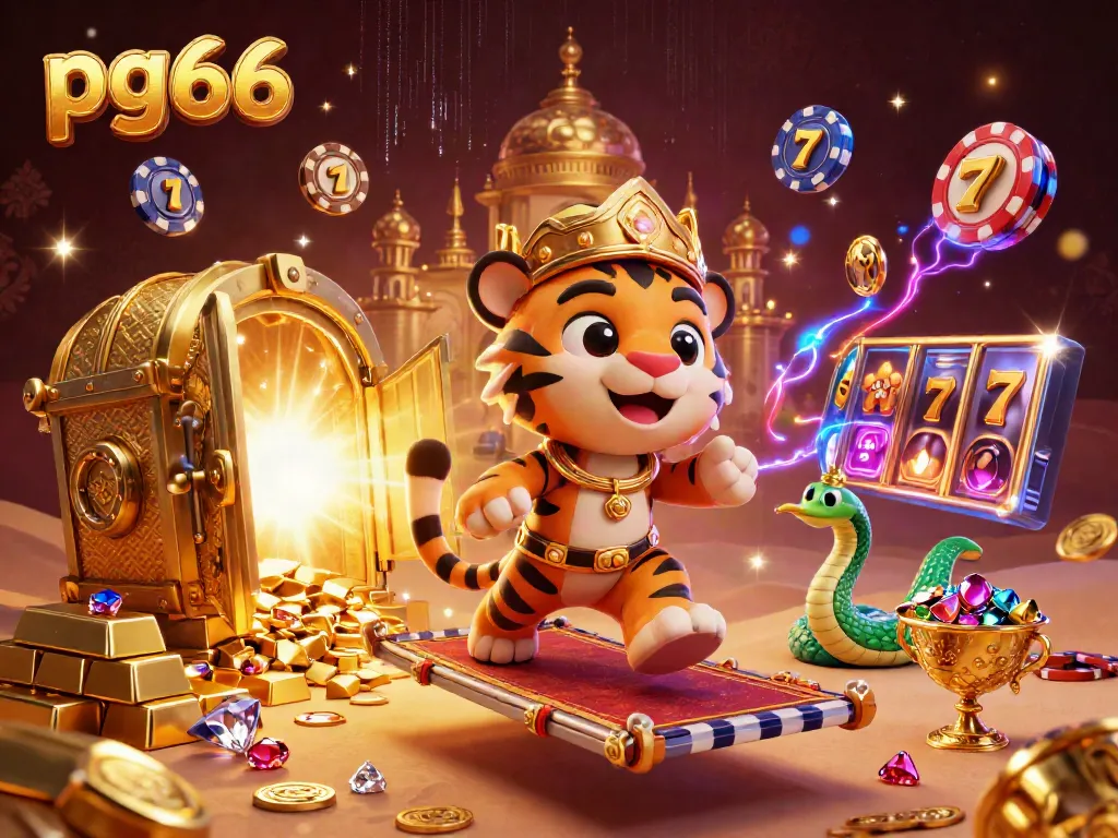 Experience excitement with pg66's 3D casino scene, featuring vibrant characters and jackpot elements.