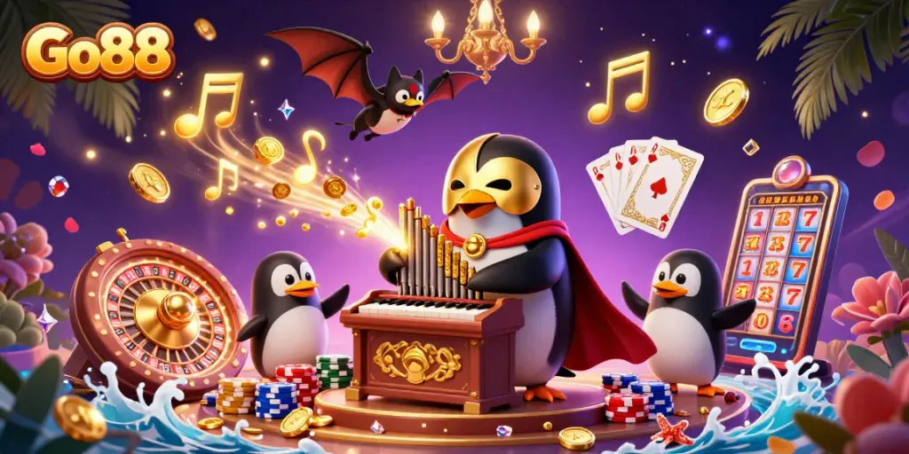 Experience Go88's thrilling casino atmosphere with vibrant characters and gold coins flying everywhere.