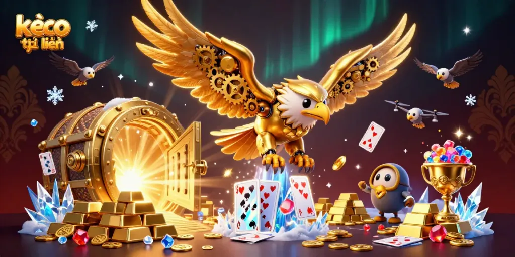 Engage with kèo trực tuyến featuring a cybernetic eagle and holographic cards in a rich casino scene.