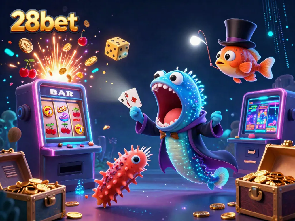 Engage in thrilling 28bet casino action with deep-sea creatures performing magic, surrounded by jackpot winnings.