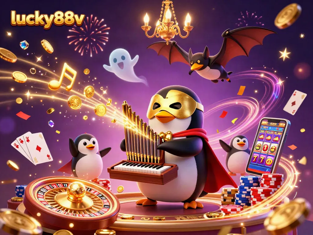 Experience the thrill at lucky88v with dynamic casino elements and phantom characters in this vibrant illustration.