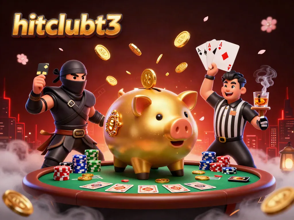 Engaging illustration of hitclubt3 showing a sumo wrestler, ninja, and samurai in an exciting poker scene.