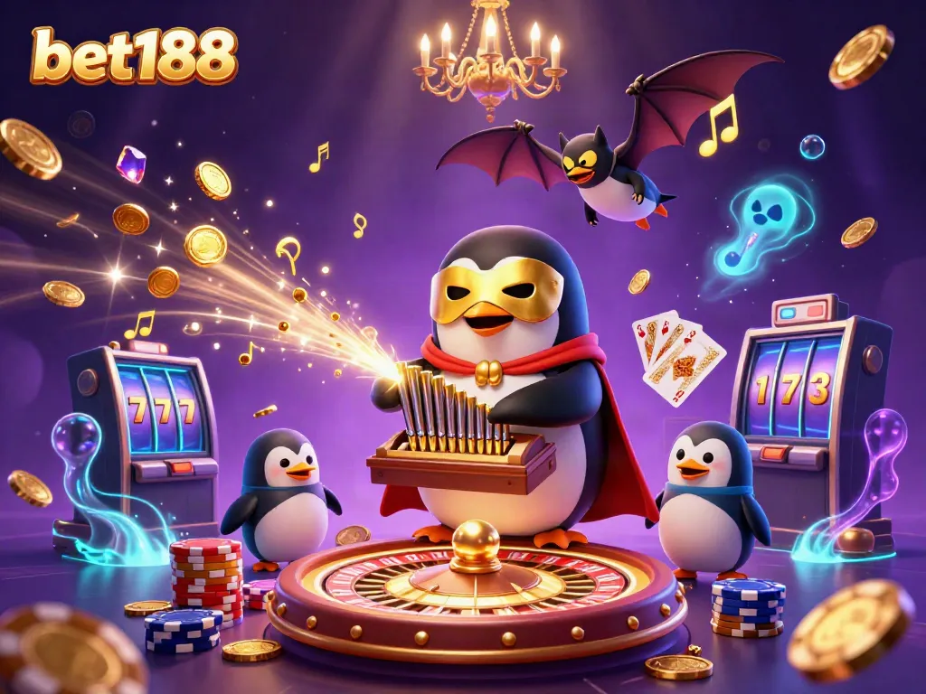 Engage with bet188 as a penguin plays the organ amidst vibrant casino elements and golden coins.