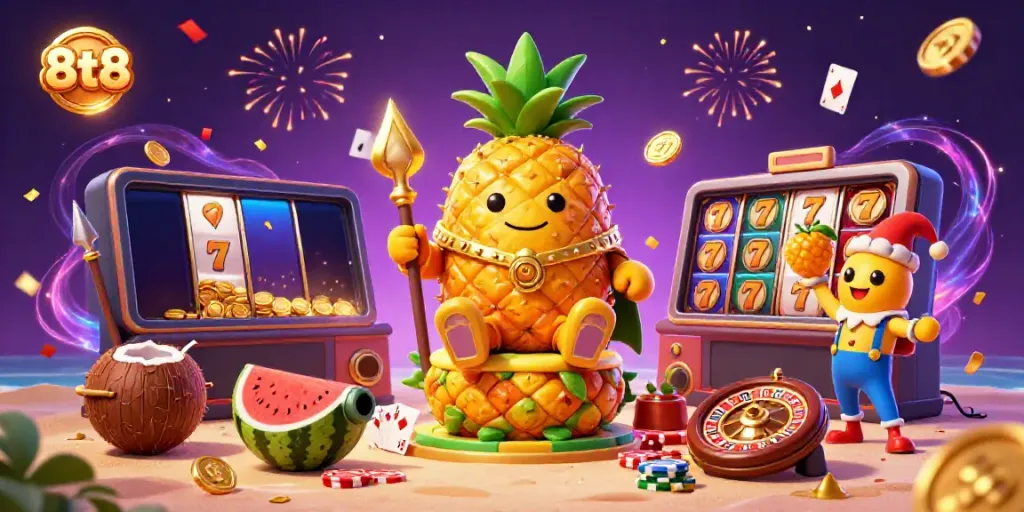 Spin the slots at 8tt8 Casino with a vibrant scene of a pineapple king and gambling elements.