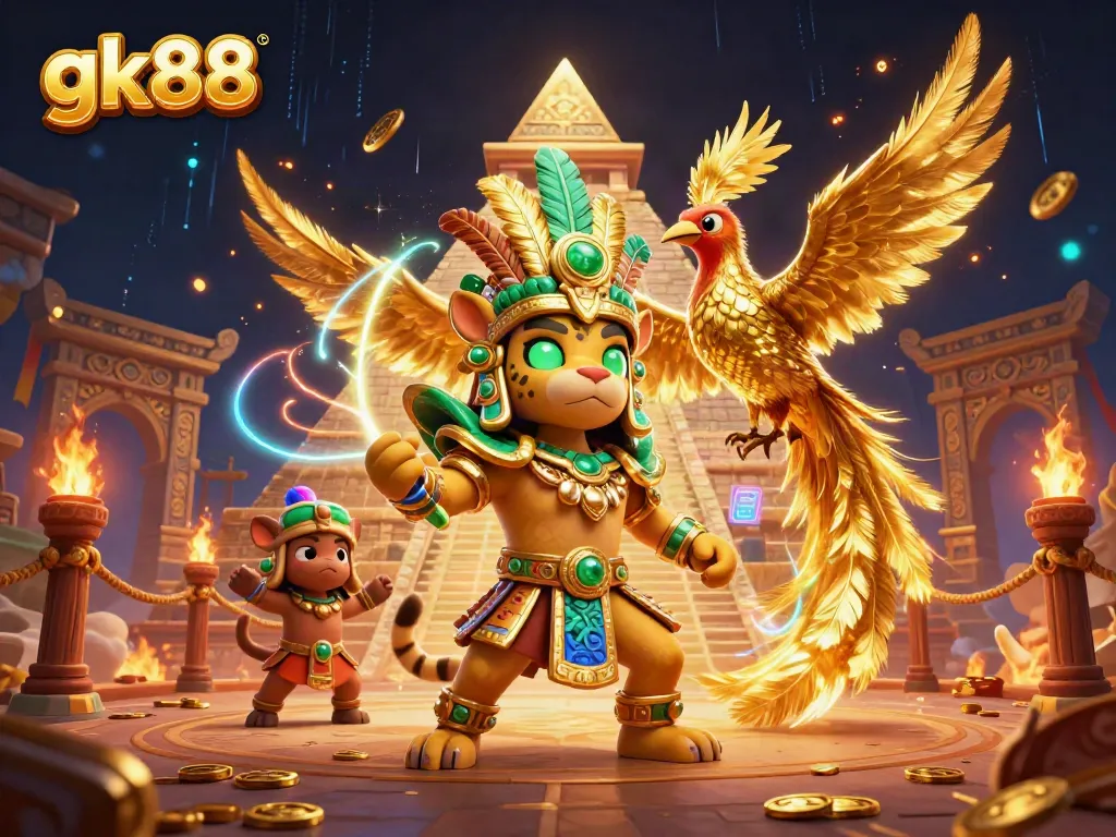 Engage in the thrilling atmosphere of gk88 with a Mayan-themed 3D casino illustration featuring dynamic gaming elements.