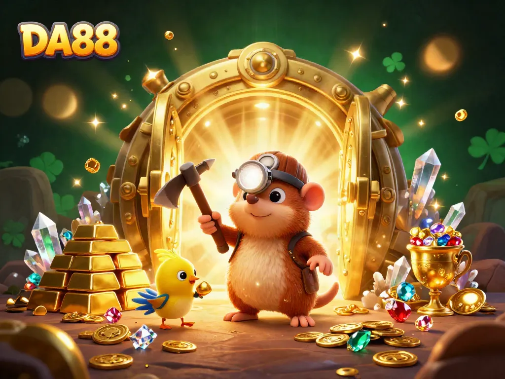 Engage in DA88 thrilling casino adventures with a treasure hunter and his canary companion amidst dazzling gems.