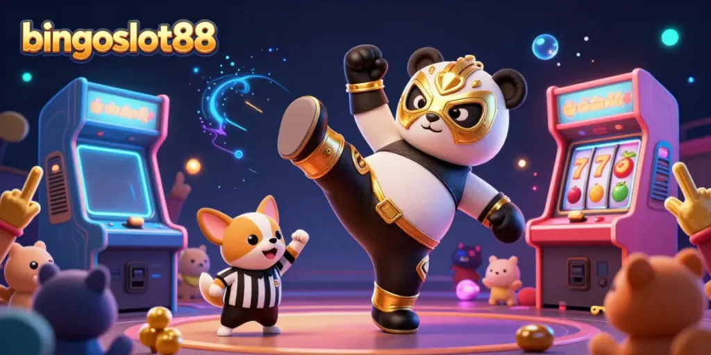 Rasakan keseruan bingoslot88 dengan panda pegulat terbang dikelilingi mesin slot yang berkilauan.