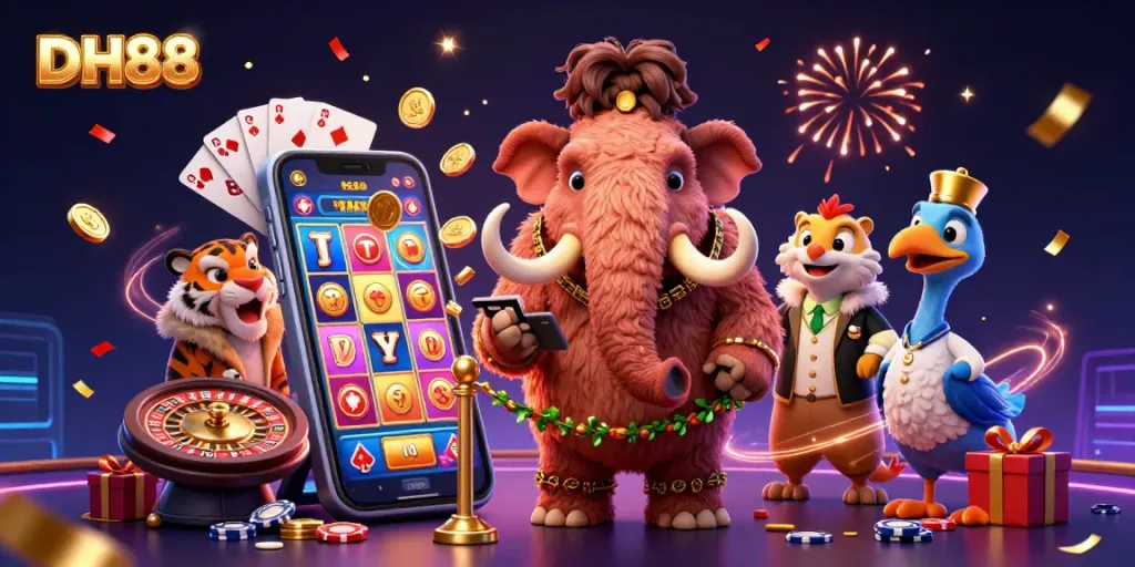 Experience thrilling gameplay at DH88 casino with a vibrant scene of unique characters and exciting game elements.