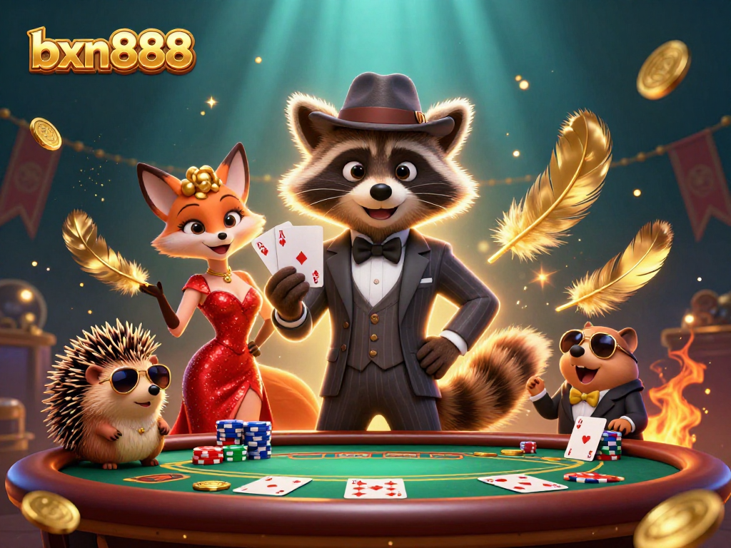 Experience exciting poker action with bxn888, featuring a raccoon holding a royal flush at a vibrant casino table.