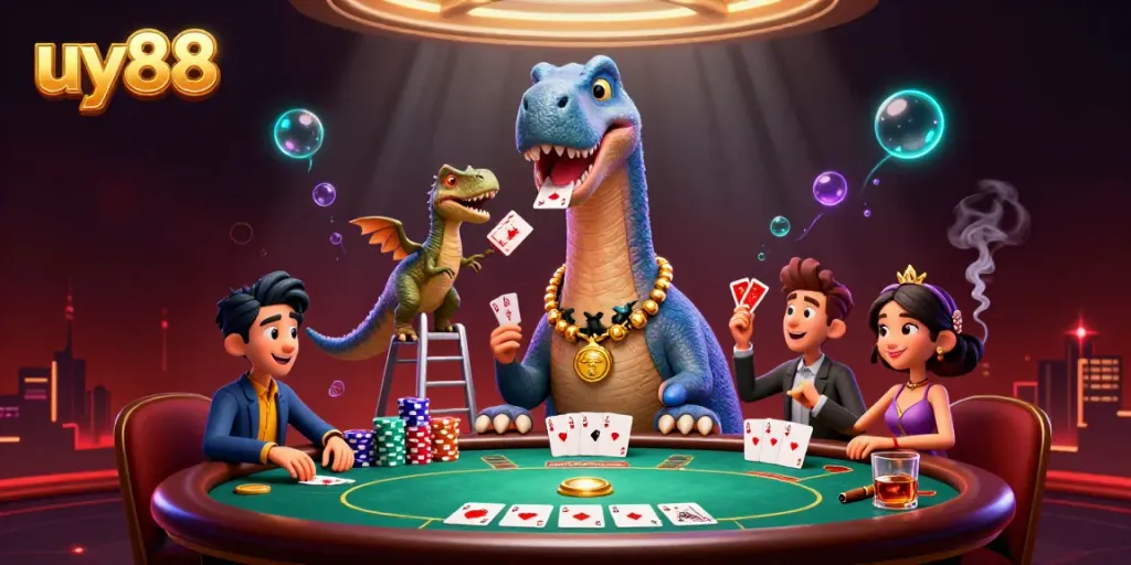 Engage in epic poker battles with uy88, featuring a giant brontosaurus overseeing the game!