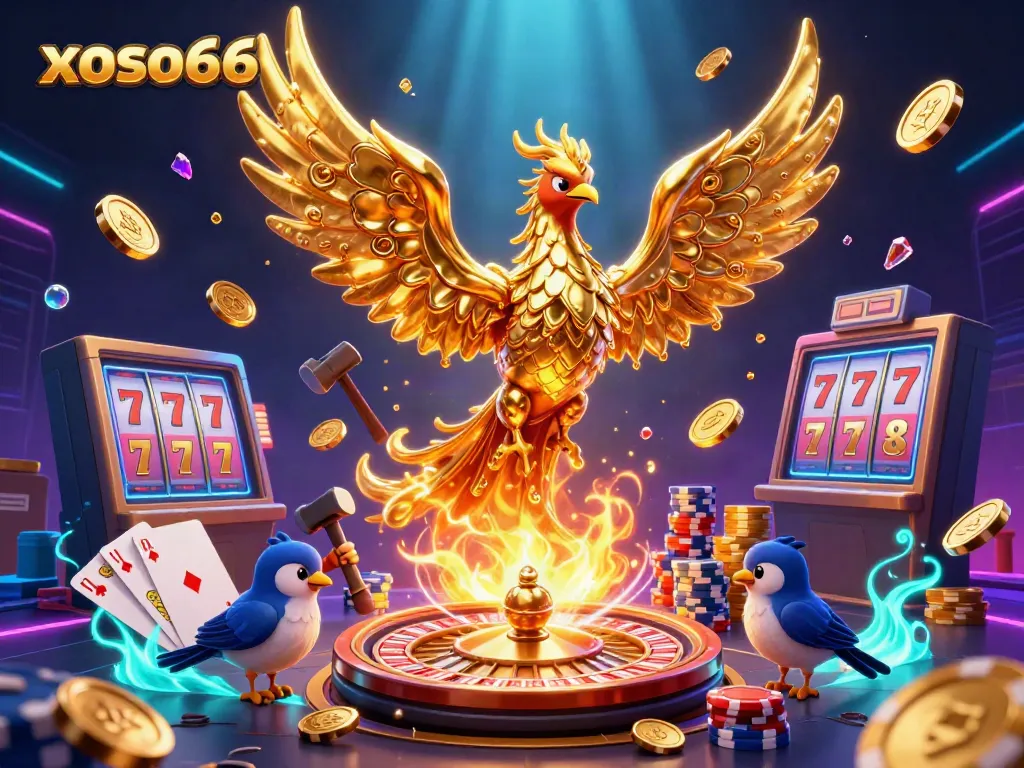 xoso66 promotes excitement with dynamic casino elements in a rich 3D phoenix scene.