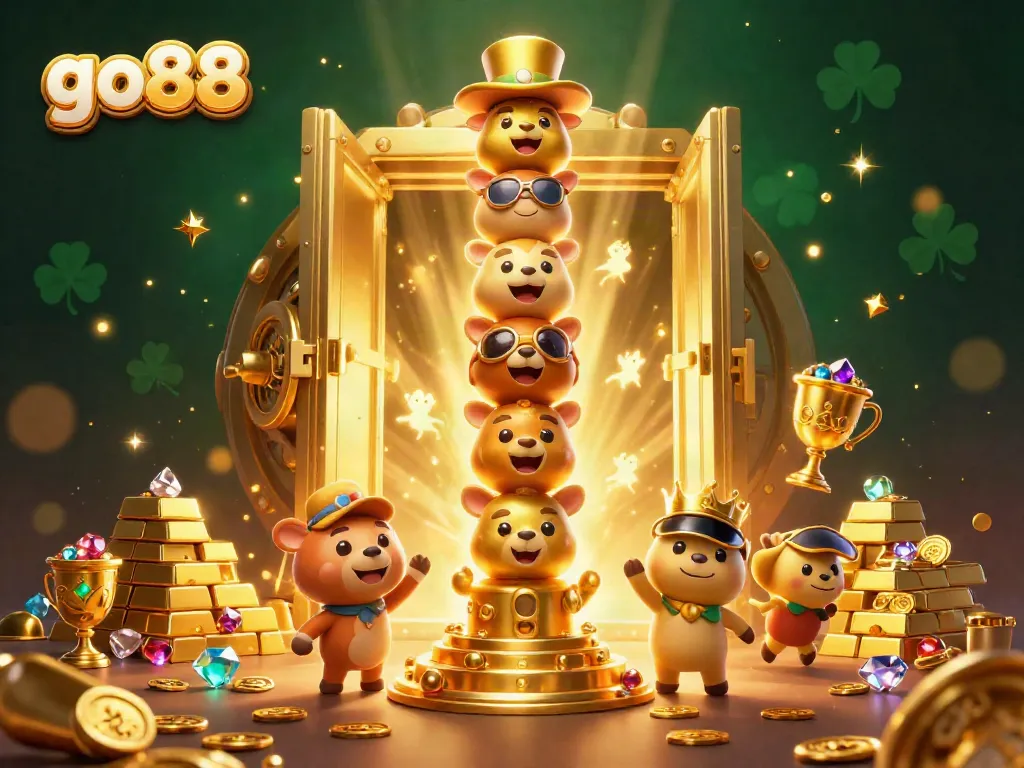 Engage in go88 gaming adventures with this detailed illustration of a golden totem pole surrounded by treasure and casino elements.