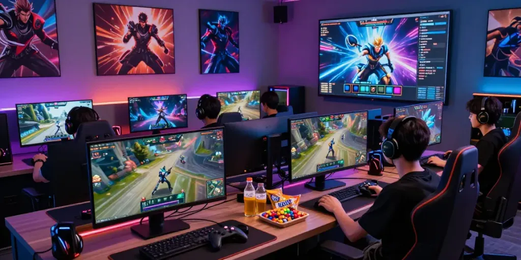 Engaging gaming scene showcasing players enjoying garuda404 online platform with vibrant graphics and accessories.