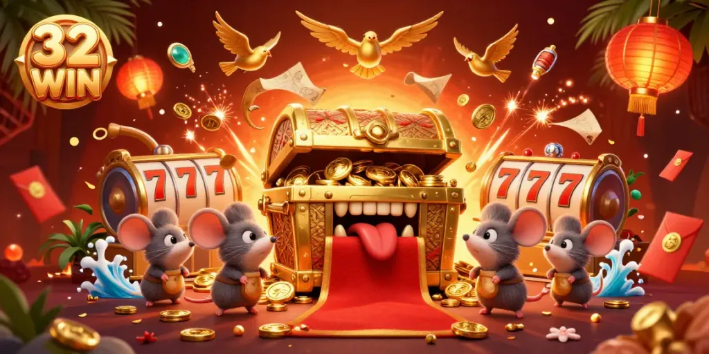 32 WIN presents a vibrant 3D casino scene attracting adventurers with riches and dynamic slot machines.